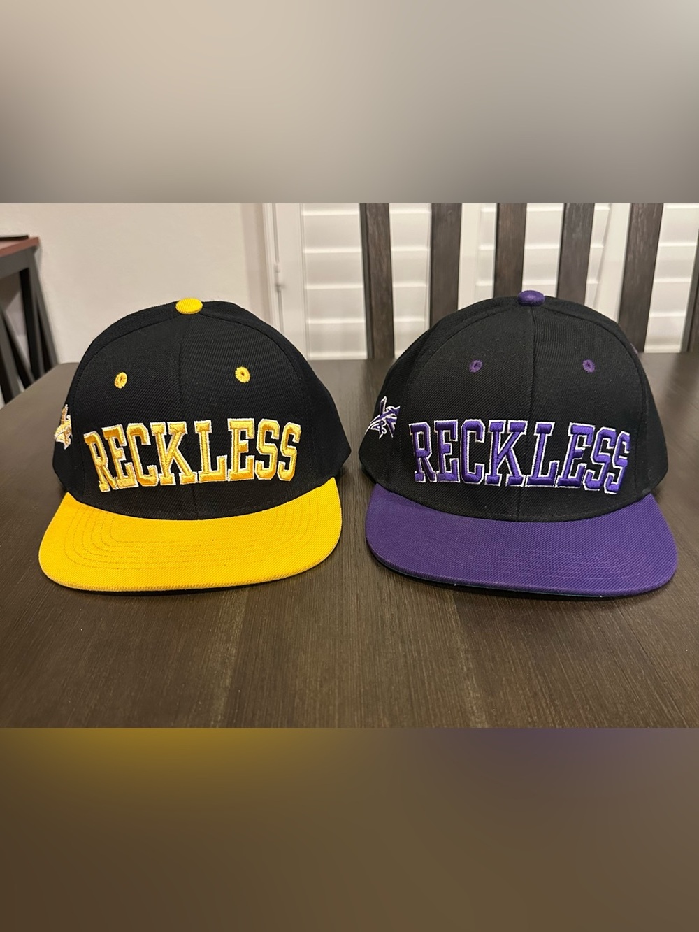2 -Young & Reckless Block Letter Snapback Hats - Black/Yellow & Black/Purple
